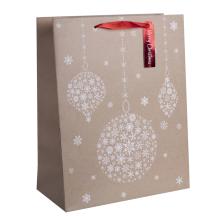 PAPIEROVÁ TAŠKA MATNÁ, S KARTIČKOU, MELÓDIA "MERRY CHRISTMAS", ČERVENÁ, SO ZÁVESNÝMI OZDOBAMI, PRÍRODNÁ