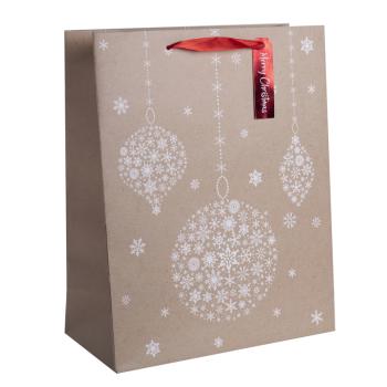 PAPIEROVÁ TAŠKA MATNÁ, S KARTIČKOU, MELÓDIA "MERRY CHRISTMAS", ČERVENÁ, SO ZÁVESNÝMI OZDOBAMI, PRÍRODNÁ