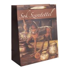 PAPIEROVÉ TAŠKY MATNÉ, NÁPIS "SOK SZERETETTEL", DREVENÝ KONÍK, HNEDÁ A ZLATÁ FARBA