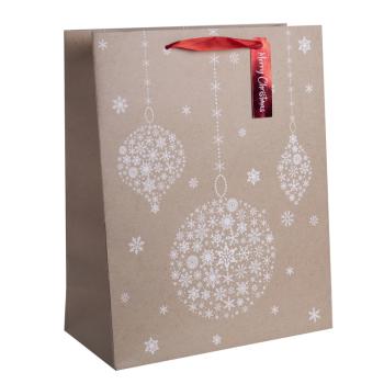 PAPIEROVÁ TAŠKA MATNÁ, S KARTIČKOU, MELÓDIA "MERRY CHRISTMAS", ČERVENÁ, SO ZÁVESNÝMI OZDOBAMI, PRÍRODNÁ