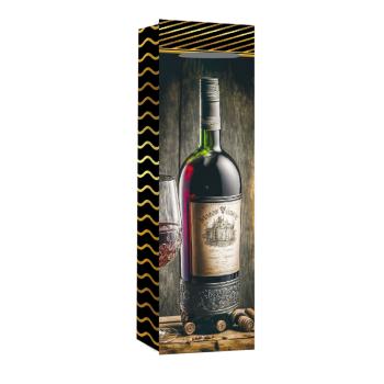 PAPIEROVÉ VRECKO S PODLOŽKOU NA VÍNO, FĽAŠA ČERVENÉHO VÍNA, S POHÁROM