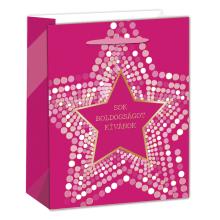 PAPIEROVÁ TAŠKA S MATNOU, LESKLOU ZLATOU POTLAČOU, RUŽOVOU HVIEZDOU, "SOK BOLDOGSÁGOT KÍVÁNOK"