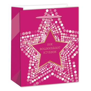 PAPIEROVÁ TAŠKA S MATNOU, LESKLOU ZLATOU POTLAČOU, RUŽOVOU HVIEZDOU, "SOK BOLDOGSÁGOT KÍVÁNOK"