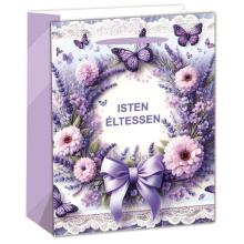 PAPIEROVÉ VRECKÁ, MATNÉ, LEVANDUĽOVÝ VENIEC, FIALOVÉ, S NÁPISOM " ISTEN ÉLTESSEN"