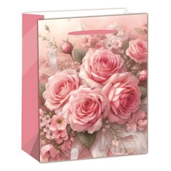 PAPIEROVÁ TAŠKA MATNÁ, KYTICA RUŽÍ, RUŽOVÁ