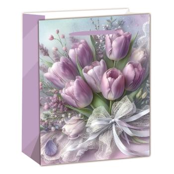PAPIEROVÁ TAŠKA MATNÁ, KYTICA TULIPÁNOV, FIALOVÁ