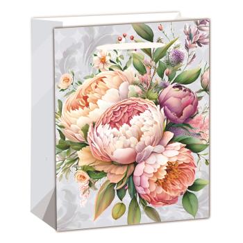 PAPIEROVÁ TAŠKA MATNÁ, KYTICA Z PIVONIEK, BROSKYŇA