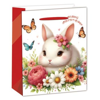 PAPIEROVÉ TAŠKY S MATNÝM, ZAJACOM MEDZI KVETMI, S NÁPISOM "BOLDOG HÚSVÉTOT KÍVÁNOK"