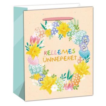 PAPIEROVÉ TAŠKY S MATNOU, ULTRAFIALOVOU POTLAČOU, KVETINOVÝM A VAJÍČKOVÝM VENCOM S NÁPISOM "KELLEMES ÜNNEPEKET"