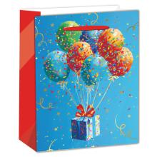 PAPIEROVÁ TAŠKA S MATNOU ZLATOU LESKLOU POTLAČOU, MODRÁ DARČEKOVÁ KRABIČKA S BALÓNMI