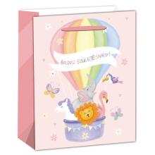 PAPIEROVÉ TAŠKY MATNÉ, UV, ZVIERATKÁ V TEPLOVZDUŠNOM BALÓNE, S NÁPISOM " BOLDOG SZÜLETÉSNAPOT ", RUŽOVÉ