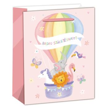 PAPIEROVÉ TAŠKY MATNÉ, UV, ZVIERATKÁ V TEPLOVZDUŠNOM BALÓNE, S NÁPISOM " BOLDOG SZÜLETÉSNAPOT ", RUŽOVÉ