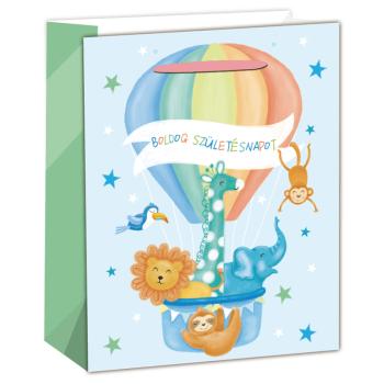 PAPIEROVÉ TAŠKY MATNÉ, UV, ZVIERATÁ V TEPLOVZDUŠNOM BALÓNE, S NÁPISOM " BOLDOG SZÜLETÉSNAPOT ", MODRÉ