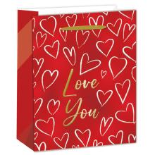 PAPIEROVÉ TAŠKY S MATNOU ZLATOU LESKLOU POTLAČOU, ČERVENÝMI A BIELYMI SRDIEČKAMI, NÁPISOM " LOVE YOU "