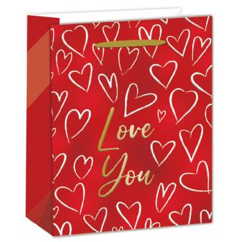 PAPIEROVÉ TAŠKY S MATNOU ZLATOU LESKLOU POTLAČOU, ČERVENÝMI A BIELYMI SRDIEČKAMI, NÁPISOM " LOVE YOU "