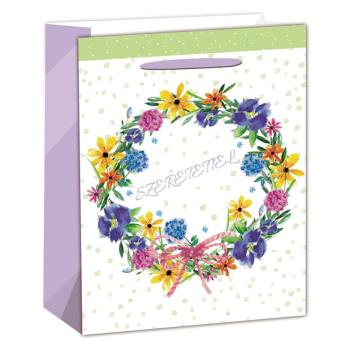 PAPIEROVÉ TAŠKY S MATNOU, HOLOGRAFICKOU STRIEBORNOU POTLAČOU, FAREBNÝM KVETINOVÝM VENCOM, S NÁPISOM " SZERETETTEL"