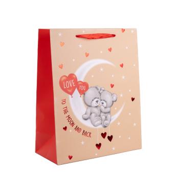 PAPIEROVÉ TAŠKY S MATNOU ČERVENOU LESKLOU POTLAČOU, PALCÁT NA MESIACI, "LOVE YOU, TO THE MOON AND BACK"