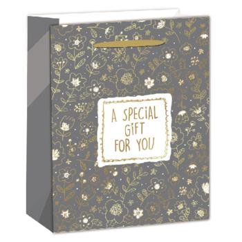 PAPIEROVÁ TAŠKA S MATNOU ZLATOU LESKLOU POTLAČOU, KVETINOVÝ VZOR, NÁPIS " A SPECIAL GIFT FOR YOU "