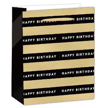 PAPIEROVÉ TAŠKY MATNÉ, HOLOGRAFICKÁ ZLATÁ LESKLÁ POTLAČ, ČIERNE A ZLATÉ PÁSY, S NÁPISOM " HAPPY BIRTHDAY "