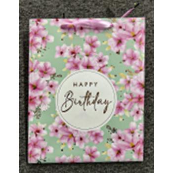 PAPIEROVÁ TAŠKA MATNÁ BRONZOVÁ S LESKLOU POTLAČOU, BROSKYŇOVÝ KVET, S NÁPISOM " HAPPY BIRTHDAY "