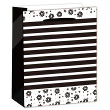 PAPIEROVÉ TAŠKY V MATNEJ FARBE, S ČIERNYMI A BIELYMI PRUHMI A KVETINOVÝM VZOROM