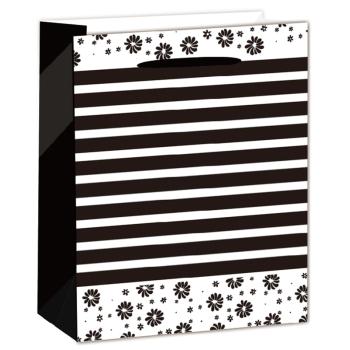 PAPIEROVÉ TAŠKY V MATNEJ FARBE, S ČIERNYMI A BIELYMI PRUHMI A KVETINOVÝM VZOROM