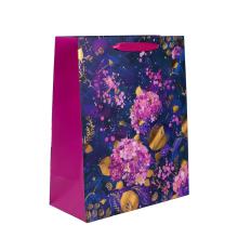 PAPIEROVÉ TAŠKY MATNÉ, HOLOGRAFICKÁ ZLATÁ POTLAČ, FIALOVÁ, ZLATÁ KVETINOVÁ