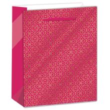 PAPIEROVÁ TAŠKA S MATNOU, HOLOGRAFICKOU ZLATOU POTLAČOU, ZLATÝ MOZAIKOVÝ VZOR NA RUŽOVOM POZADÍ