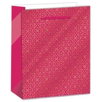 PAPIEROVÁ TAŠKA S MATNOU, HOLOGRAFICKOU ZLATOU POTLAČOU, ZLATÝ MOZAIKOVÝ VZOR NA RUŽOVOM POZADÍ