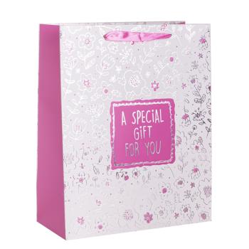 PAPIEROVÉ TAŠKY S MATNOU, STUŽKOVOU CHLOPŇOU, STRIEBORNÁ POTLAČ, BIELO-RUŽOVÉ "A SPECIAL GIFT FOR YOU"