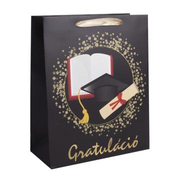 PAPIEROVÉ VRECKO, MATNÉ, ČIERNE, CERTIFIKÁT, S NÁPISOM " GRATULÁCIÓ "
