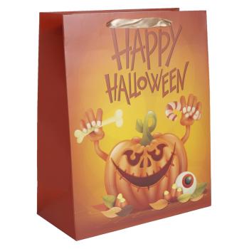 PAPIEROVÁ TAŠKA S MATNÝM NÁPISOM "HAPPY HALLOWEEN", TEKVICA, ORANŽOVO-ŽLTÁ