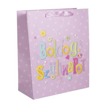 PAPIEROVÁ TAŠKA MATNÁ, "BOLDOG SZÜLINAPOT!" NÁPIS RUŽOVÁ/FAREBNÁ