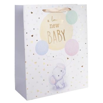 PAPIEROVÉ TAŠKY S MATNOU, LESKLOU POTLAČOU, S NÁPISOM " LOVELY NEW BABY", SLON, SVETLOMODRÉ