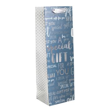 PAPIEROVÉ TAŠKY S PODLOŽKOU POD VÍNO, STRIEBORNÁ POTLAČ, NÁPIS " A SPECIAL GIFT FOR YOU ", MODRÁ FARBA