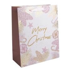PAPIEROVÉ TAŠKY S MATNOU ZLATOU LESKLOU POTLAČOU, NÁPIS "MERRY CHRISTMAS", RUŽOVÉ ŠIŠKY