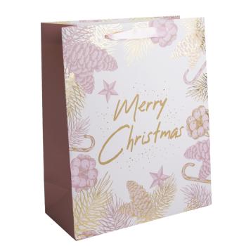 PAPIEROVÉ TAŠKY S MATNOU ZLATOU LESKLOU POTLAČOU, NÁPIS "MERRY CHRISTMAS", RUŽOVÉ ŠIŠKY