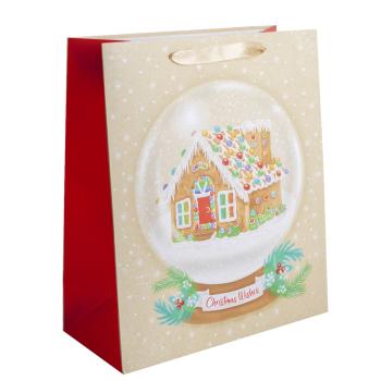 PAPIEROVÉ VRECKO MATNÉ, TRBLIETAVÉ, SNEHOVÁ GUĽA S PERNÍKOVÝM DOMČEKOM, S NÁPISOM "CHRISTMAS WISHES"