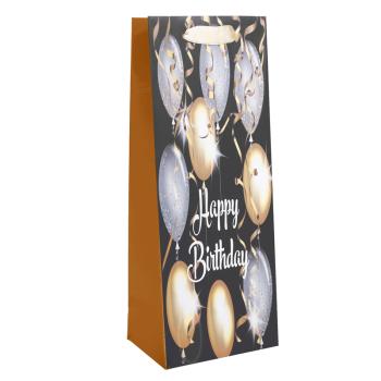 PAPIEROVÁ TAŠKA S MATNÝM VÍNOM, NÁPISOM "HAPPY BIRTHDAY", ČIERNYMI, ZLATÝMI A STRIEBORNÝMI BALÓNMI