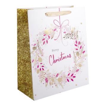 PAPIEROVÁ TAŠKA MATNÁ, ZLATÁ LESKLÁ POTLAČ, S NÁPISOM "MERRY CHRISTMAS", BIELY/RUŽOVÝ KLOPÁK