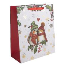 PAPIEROVÁ TAŠKA S MATNOU ZLATOU LESKLOU POTLAČOU, PÁR VTÁKOV NA VETVE ILEXU SO ZLATÝMI SNEHOVÝMI VLOČKAMI