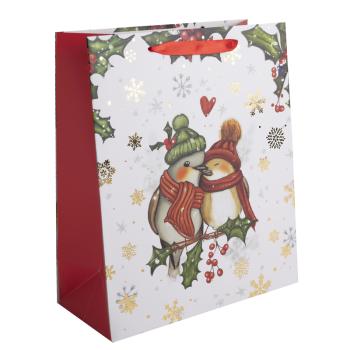 PAPIEROVÁ TAŠKA S MATNOU ZLATOU LESKLOU POTLAČOU, PÁR VTÁKOV NA VETVE ILEXU SO ZLATÝMI SNEHOVÝMI VLOČKAMI