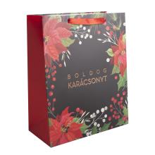 PAPIEROVÁ TAŠKA S MATNOU ZLATOU POTLAČOU, "BOLDOG KARÁCSONYT", ČIERNA/ČERVENÁ, POINSETTIA