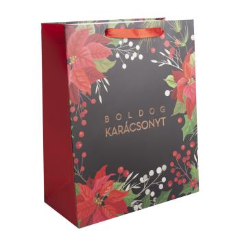 PAPIEROVÁ TAŠKA S MATNOU ZLATOU POTLAČOU, "BOLDOG KARÁCSONYT", ČIERNA/ČERVENÁ, POINSETTIA