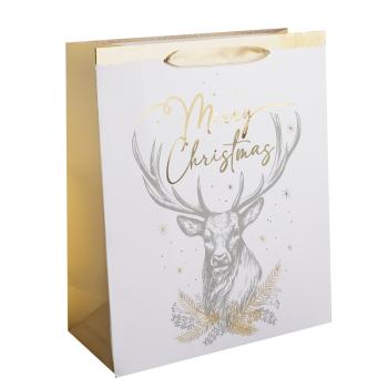 PAPIEROVÁ TAŠKA MATNÁ, ZLATÁ S LESKLOU POTLAČOU, "MERRY CHRISTMAS", HLAVA SOBA, BIELA