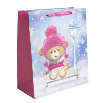 PAPIEROVÉ TAŠKY S MATNOU, LESKLOU POTLAČOU, LAVIČKA S MEDVEDÍKOM, RUŽOVÁ ČIAPKA