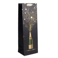 PAPIEROVÁ TAŠKA S VÍNOM, MATNÁ, ZLATÁ LESKLÁ POTLAČ, PRASKAJÚCE ŠAMPANSKÉ NA ČIERNOM POZADÍ