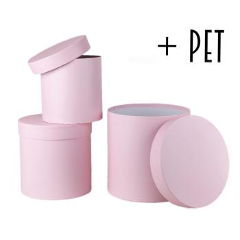 SADA PAPIEROVÝCH ŠKATULIEK S PLASTOVOU VLOŽKOU, 3 KUSY, OKRÚHLY TVAR, VINTAGE RUŽOVÁ