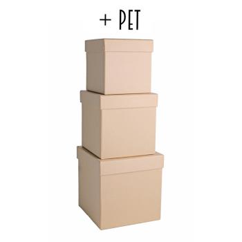 SADA PAPIEROVÝCH ŠKATÚĽ S PLASTOVOU VLOŽKOU, 3 KUSY, KOCKA, PRÍRODNÁ