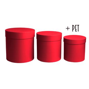 SADA PAPIEROVÝCH ŠKATULIEK S PLASTOVOU VLOŽKOU, 3 KUSY, OKRÚHLA, ŠARLÁTOVO ČERVENÁ